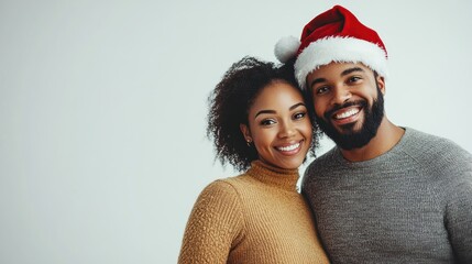 Joyful couple in festive outfits share warm moments radiating happiness and excitement of this season with copy space