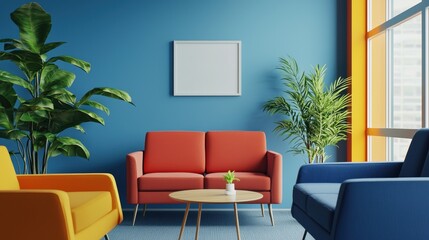 A cozy and colorful living room featuring a blue wall, vibrant furniture, and indoor plants, creating a fresh and inviting atmosphere.