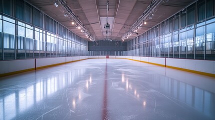 Obraz premium Empty ice rink with reflective surface and surrounding boards