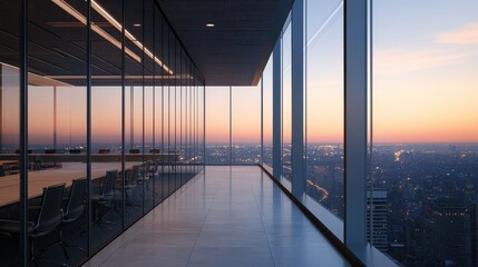 Fototapeta premium A modern office space with large glass windows, showcasing a stunning sunset view over the city skyline.