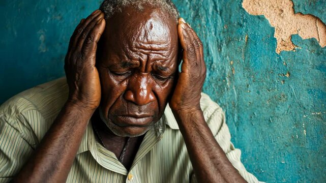 An elderly man sits in front of a turquoise wall, his hands clasped over his ears