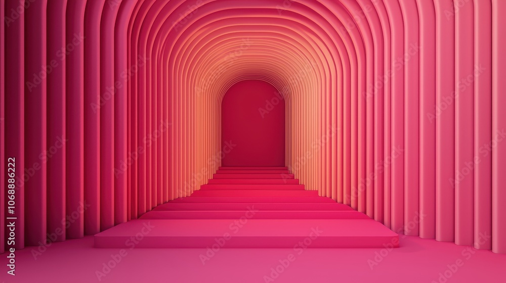 Poster a vibrant, abstract tunnel with layered pink arches leading to a darker focal point, creating a mesm