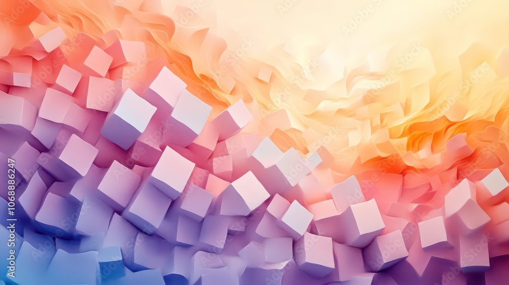 Poster abstract composition featuring 3d cubes against a soft, gradient background.