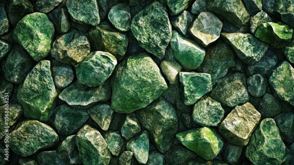 Poster a close-up view of various green stones arranged in a natural pattern.
