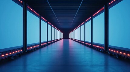 Obraz premium A futuristic corridor showcasing vibrant blue and pink lighting, creating a visually striking atmosphere of depth and perspective.