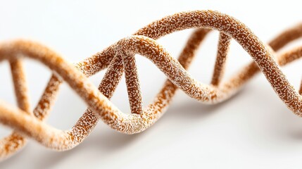 Close-up view of a stylized DNA double helix structure with a textured surface on a light background, representing genetic research and molecular biology.
