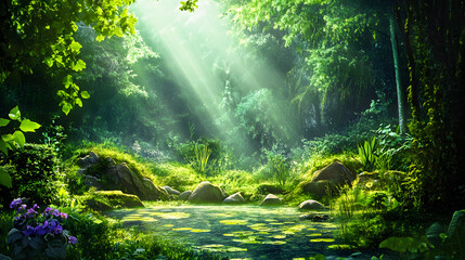 Obraz premium Sunlight rays pierce through the misty forest, illuminating the vibrant green foliage