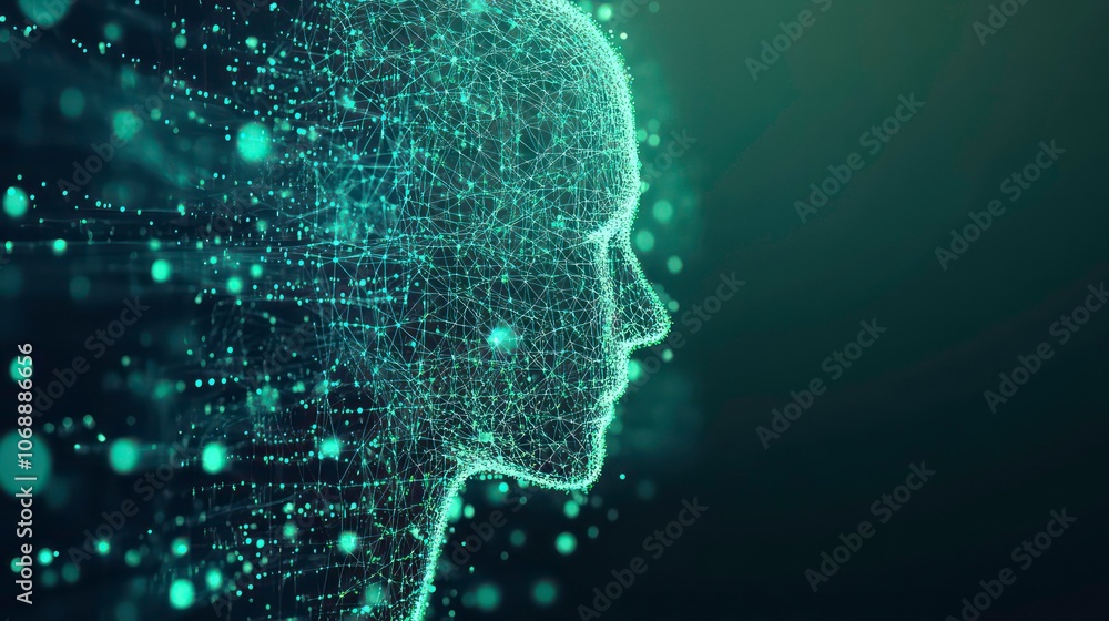 Fototapete A green AI background with digital and futuristic elements that glow in the dark, an artificial intelligence banner technology based on data science and innovation in internet cyberspace.
