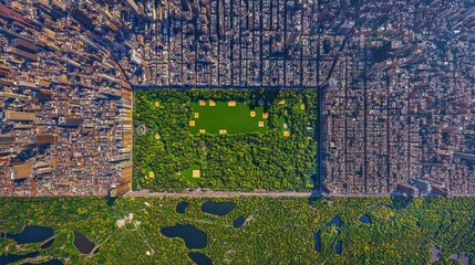 Fototapeta premium Aerial view of Central Park surrounded by urban buildings, showcasing nature within a city.