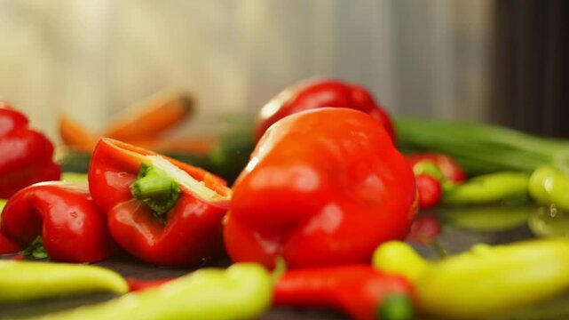 Slow motion rolling the pepper into the frame and hitting the half lying on the table. High quality FullHD footage