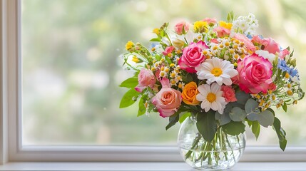 Colorful Bouquet of Flowers in a Glass Vase by Window