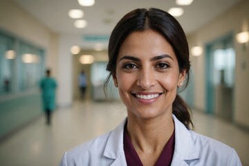Fototapeta premium Close portrait of a smiling 40s Qatari woman doctor looking at the camera, Qatari hospital blurred background