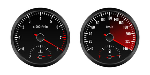 Car Dashboard. Car Panel Display. Car Speedometer Dashboard. Tachometer or Odometer Display. High Speed Concept. Vector Illustration.