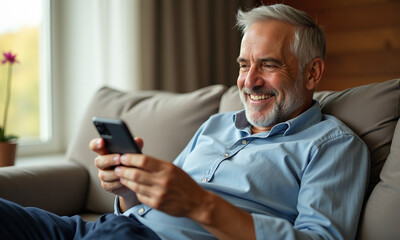 Smiling Senior Man Using Smartphone