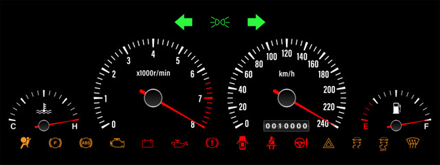 Fototapeta premium Car Dashboard. Car Panel Display. Car Speedometer Dashboard. Tachometer or Odometer Display. High Speed Concept. Vector Illustration.