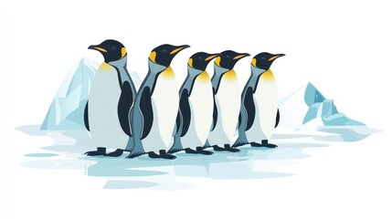 Obraz premium A group of stylized penguins standing on ice with a snowy background.