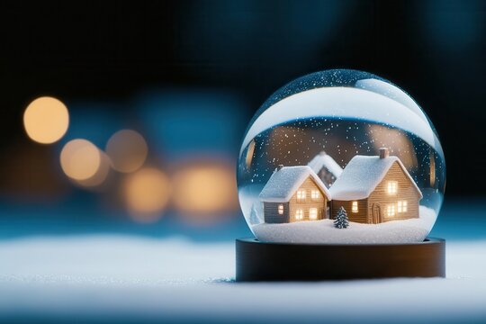 Blank snow globe with a winter village inside, ideal for logos or text overlay, winter placeholder, magical holiday