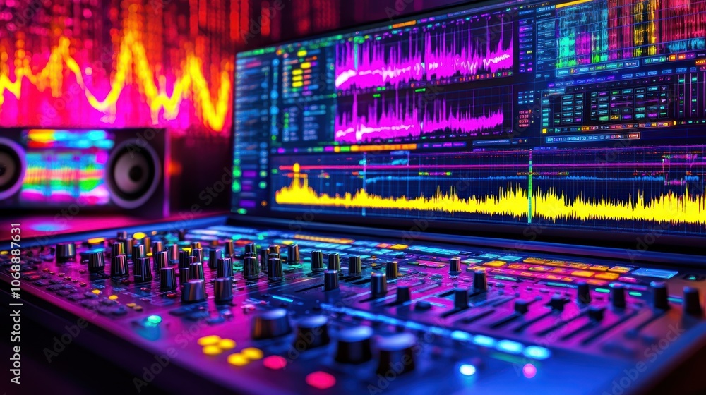 Poster closeup of a music mixing console with a laptop displaying a waveform and a speaker in the backgroun
