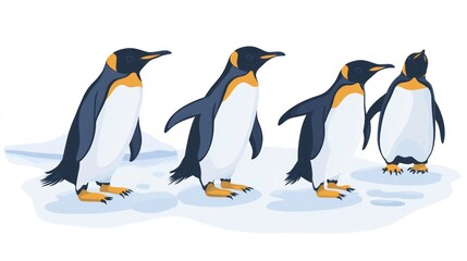 Obraz premium A group of four penguins standing on ice, showcasing their distinct features and posture.