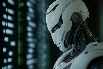 Gros-plan la t&ecirc;te d'un robot dot&eacute; d'IA et sentient vu de profil debout face &agrave; un &eacute;cran num&eacute;rique
