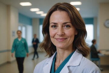 Close portrait of a smiling 40s Russian woman doctor looking at the camera, Russian hospital blurred background