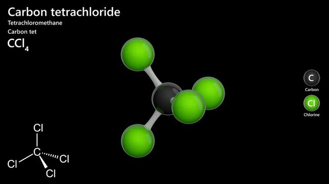 Carbon Tetrachloride. Solvent. Animated 3D model of a molecule. Molecular formula: CCl4. Chemical model: Ball and stick. Black background. 3D rendering. Seamless loop.