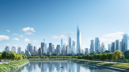 Obraz premium Urban Paradise: Modern Skyline Meets Tranquil Park