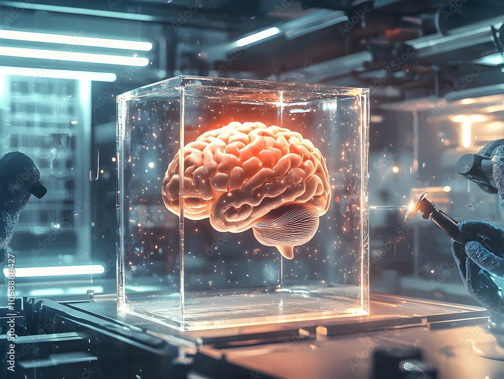 Poster glowing brain encased in crystal cube floating in futuristic laboratory setting