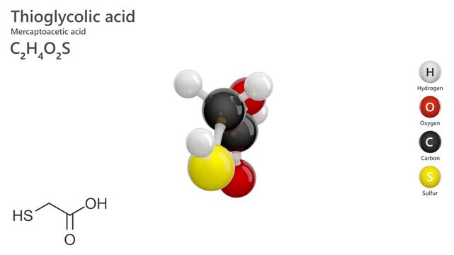 Thioglycolic Acid or mercaptoacetic acid. Animated 3D model of a molecule. Molecular formula: C2H4O2S. Chemical model: Ball and stick. White background. 3D rendering. Seamless loop.