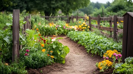 Lush Vegetable and Flower Garden with Winding Pathway in Tranquil Countryside Setting