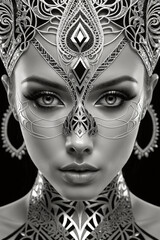 A black and white fantasy artwork of a close-up of a woman's face with various ornaments and tattoos - Generative AI