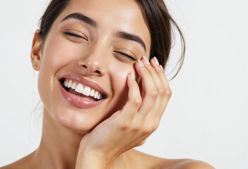 Fototapeta premium Close-Up Portrait of Smiling Woman with Clear Radiant Skin Glow