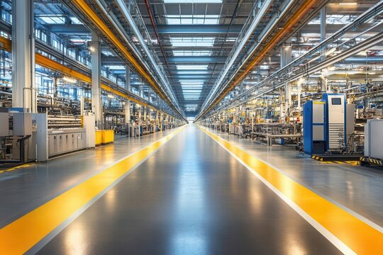 Modern factory floor with central empty space for graphics, engineering graphic, innovative industry