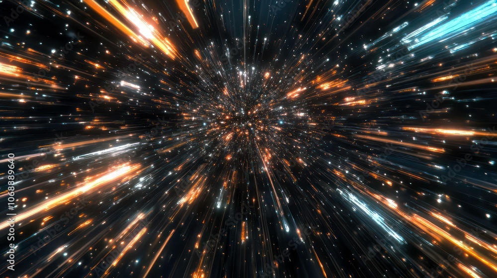 Poster A dynamic visual of space travel, depicting light streaks simulating speed through the cosmos.