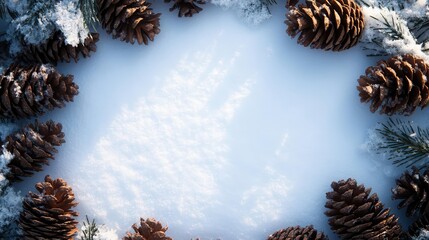 Pine cones with snow dusting, blank card in center for custom text, winter placeholder, rustic holiday