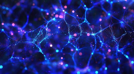 Flashing colors and distortions form a vibrant web gradient in aqua, cerulean, and lavender, intricately spun by a spider against a mysterious backdrop featuring both sharp and blurred elements.