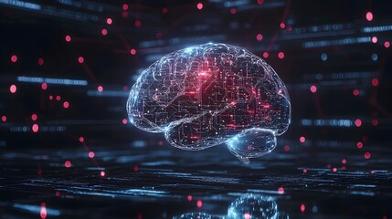 Glowing Digital Brain Floating in Neon Lit Technological Space