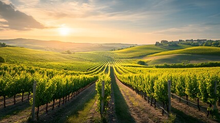 Fototapeta premium Scenic Sunset Over Lush Vineyard Landscape in Countryside
