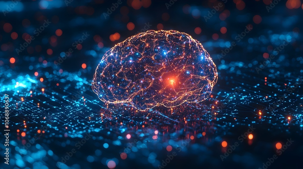Poster digitized brain visualization symbolizing information processing in the modern era