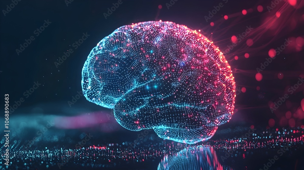 Poster glowing digital brain symbolizing vast information processing in the modern age