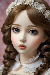 Fototapeta premium closeup of a female doll with braids on a pink background