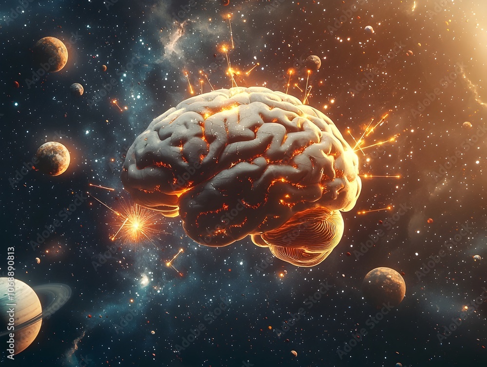 Poster cosmic brain surrounded by planets and stars representing thoughts and intelligence