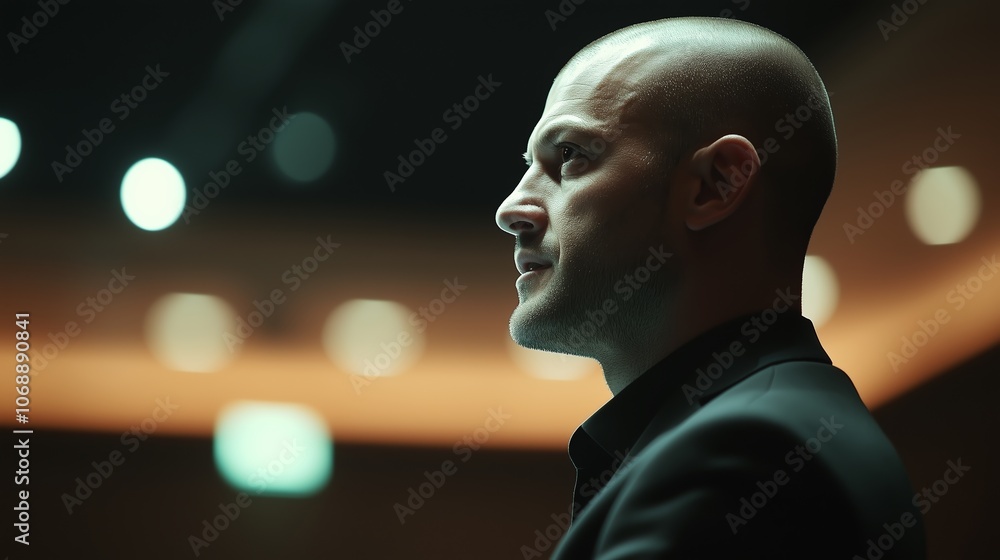 Poster a focused speaker delivering a compelling presentation in a modern auditorium during an evening even