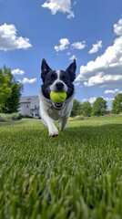 Playful happy active dog running and playing with a tennis toy ball in the grass.