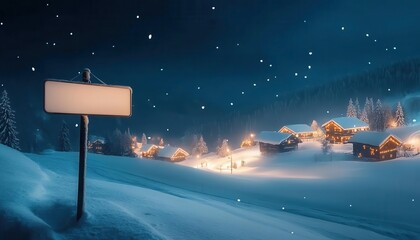 Snowy village at night with blank signboard, ideal for text overlay, winter template, festive holiday