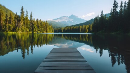 Fototapeta premium Tranquil Mountain Lake Surrounded by Lush Evergreen Forest and Wooden Dock