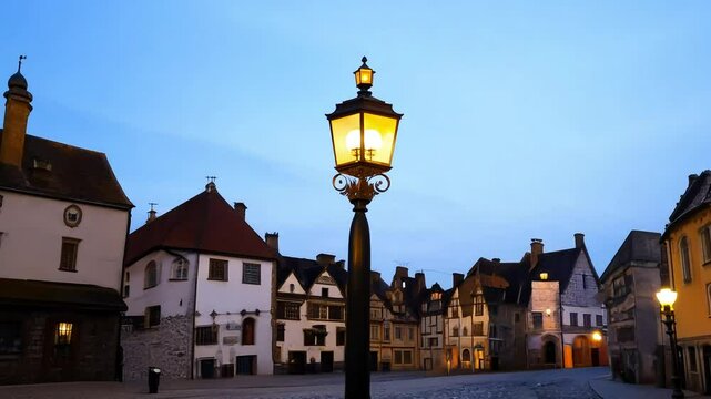 Charming collection of views showcasing a glowing lamppost against the backdrop of a picturesque european town square as the day surrenders to twilight
