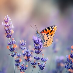 Obraz premium Vibrant Purple Lavender Flowers with Colorful Butterfly in Summer Garden