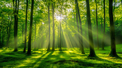 Fototapeta premium Mist-shrouded trees bathed in the warm glow of morning sunlight filter through the dense woodland