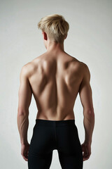 Natural male beauty concept. Portrait of handsome young man's back posing over white background. Avant-garde style. Studio shot